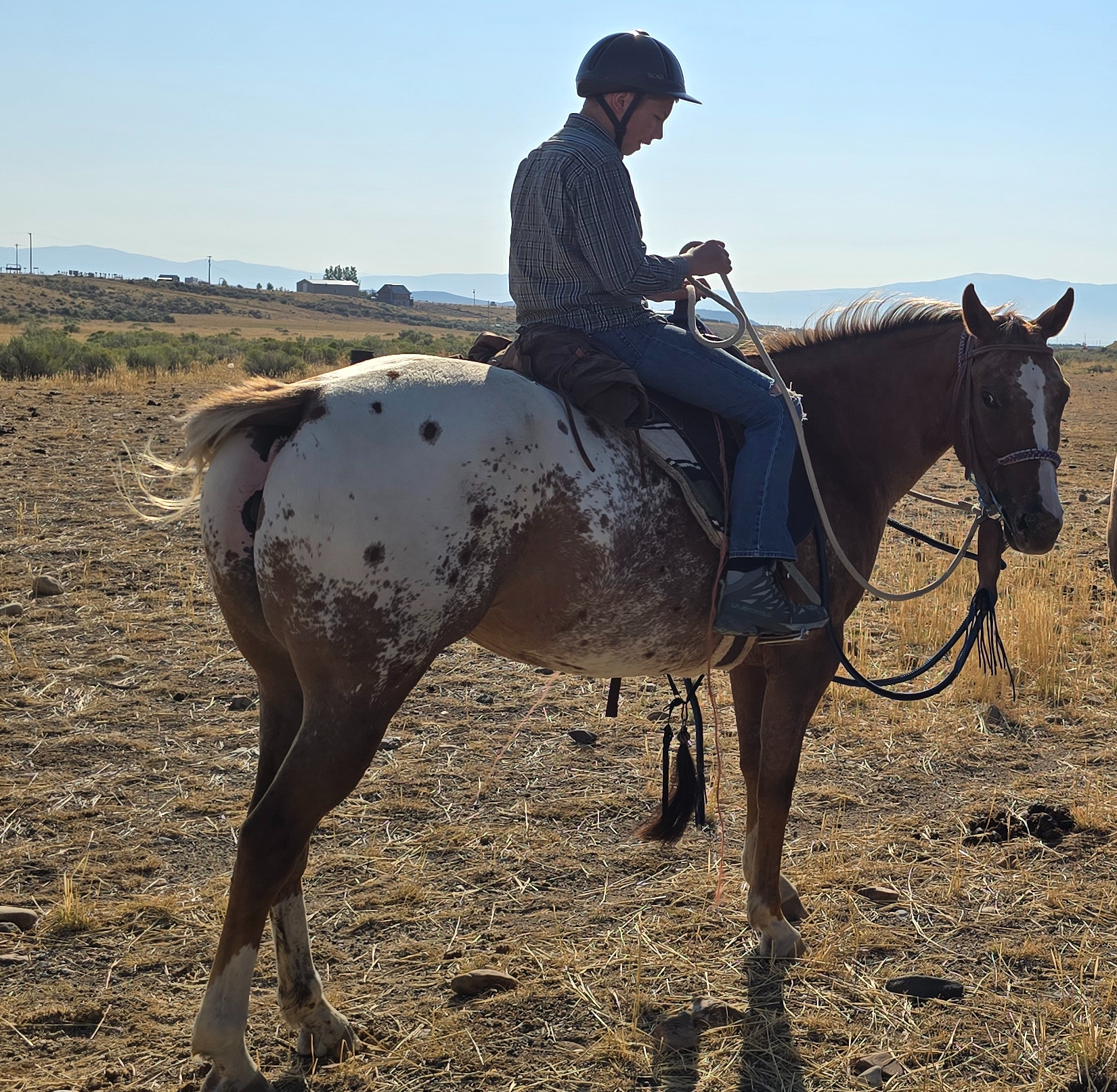 A young rider in a helmet sitting on a spotted horse in a dry, open field with mountains in the background.